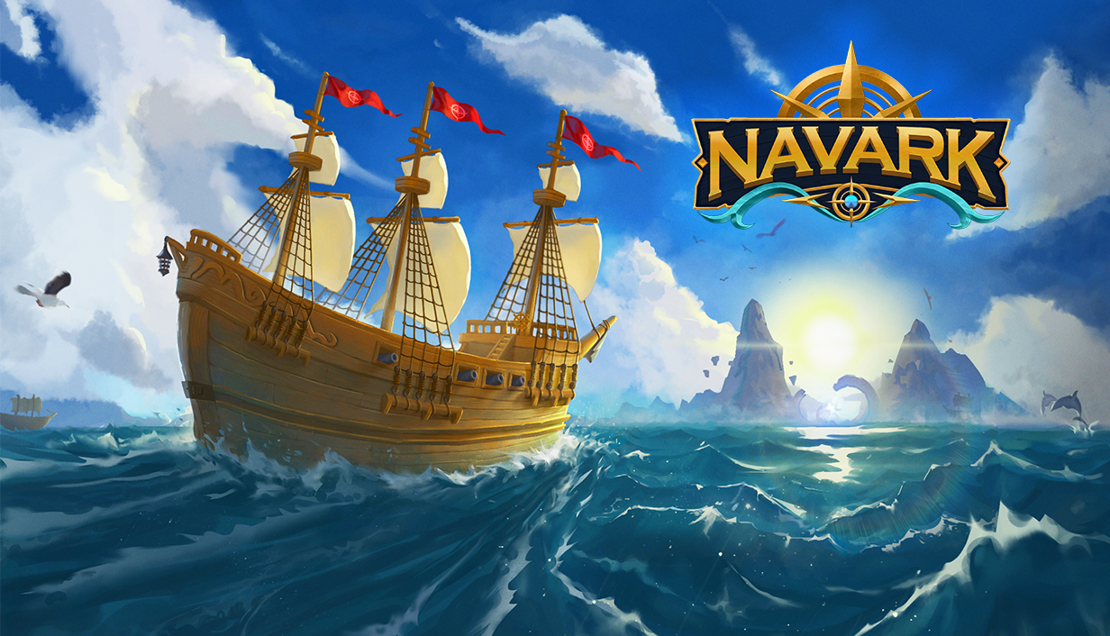 Navark artwork: a three-masted sailing ship crossing a blue ocean toward distant islands, with the gold Navark logo